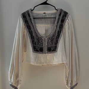 Free People Ivory Blouse with Charcoal Embroidery
